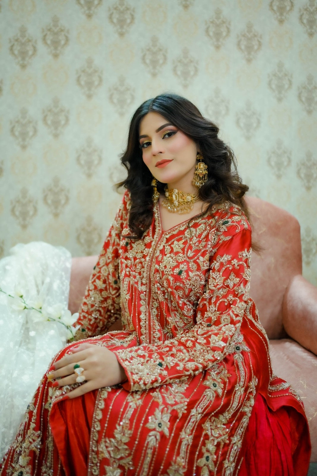 Hand-Embellished Shesha Silk Shirt with Crushed Sharara – Zardozi, Resham & Crystal Detailing