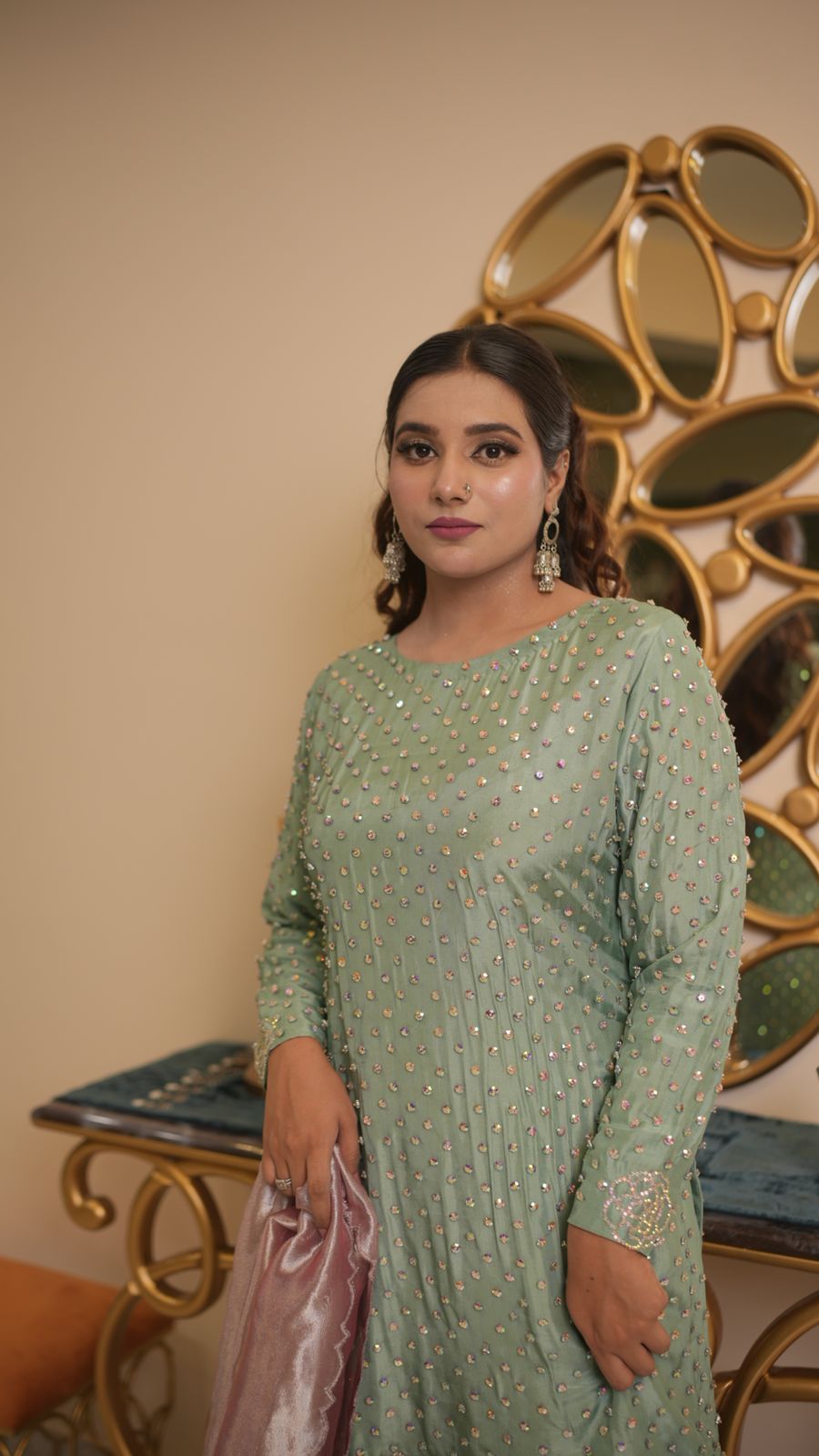 Pastel-Toned Shirt & Box-Pleated Trouser Set – Subtle Glamour, Modern Grace