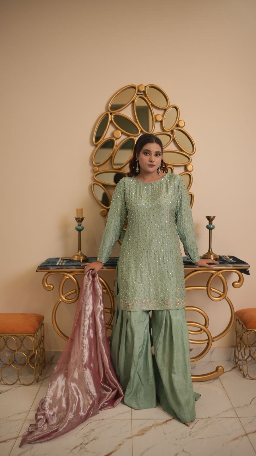 Pastel-Toned Shirt & Box-Pleated Trouser Set – Subtle Glamour, Modern Grace