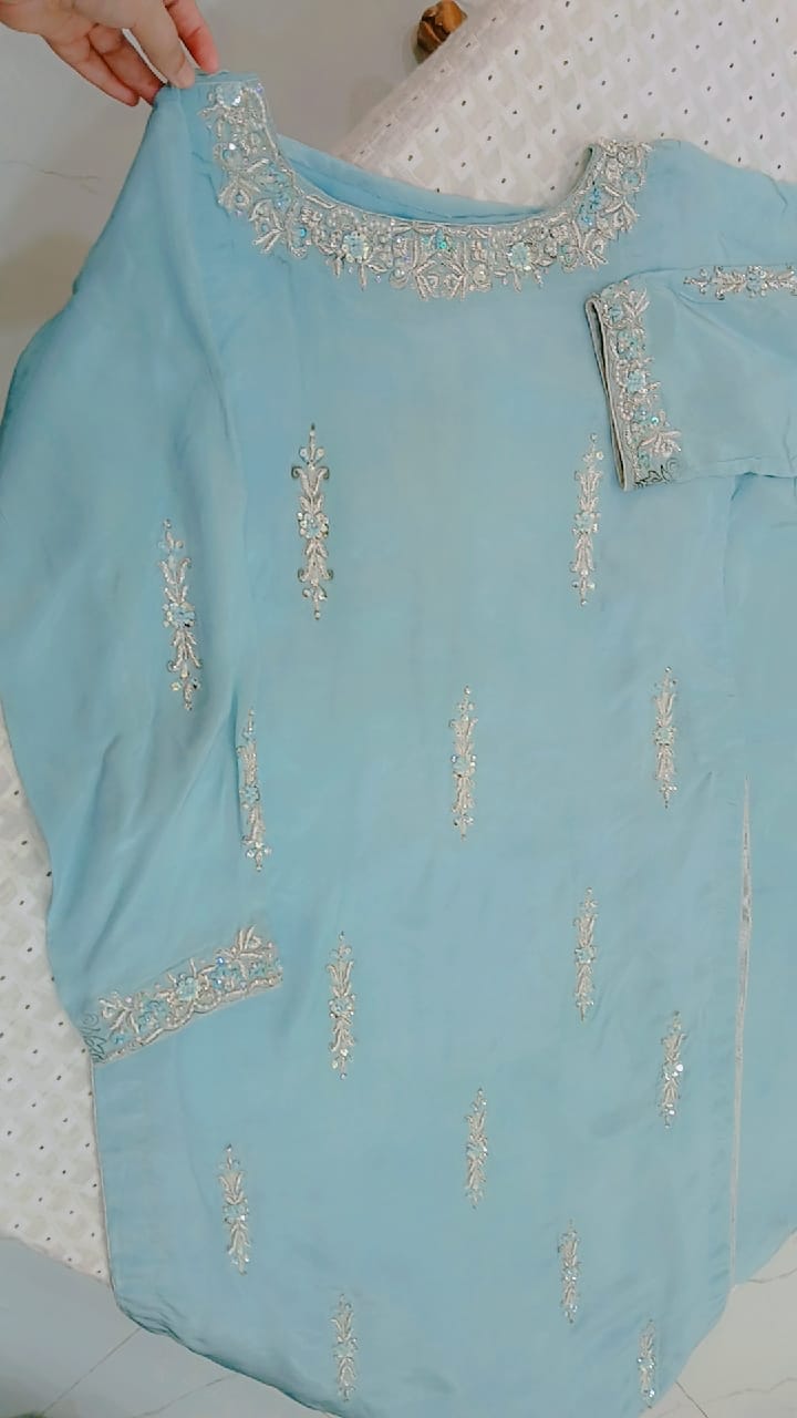 2-Piece Aqua Blue Rameen Silk Dress with Zardozi & Crystal Work