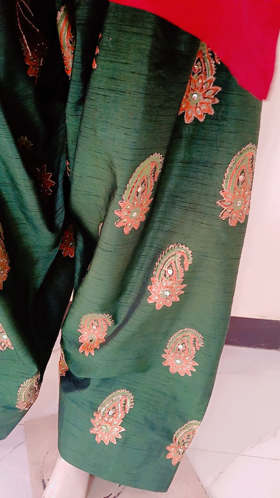 3-Piece Mehroon & Green Block Print Dress with Sitara Work