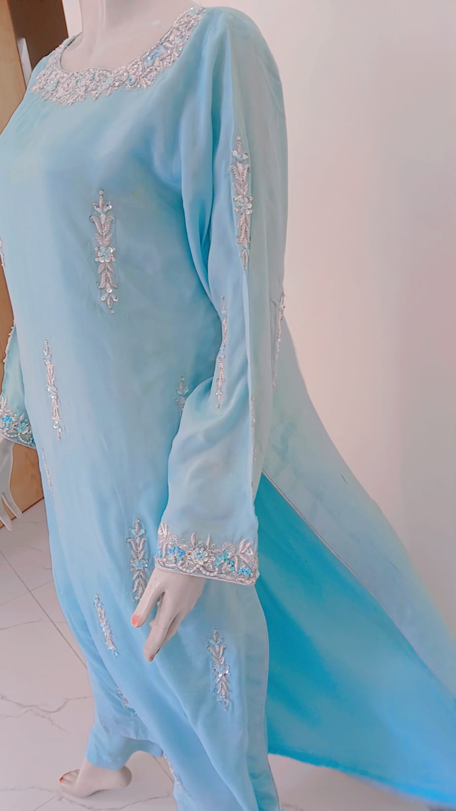 2-Piece Aqua Blue Rameen Silk Dress with Zardozi & Crystal Work
