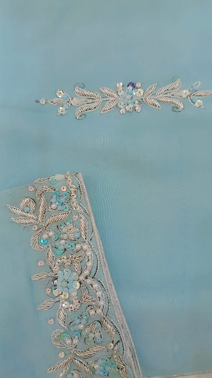 2-Piece Aqua Blue Rameen Silk Dress with Zardozi & Crystal Work