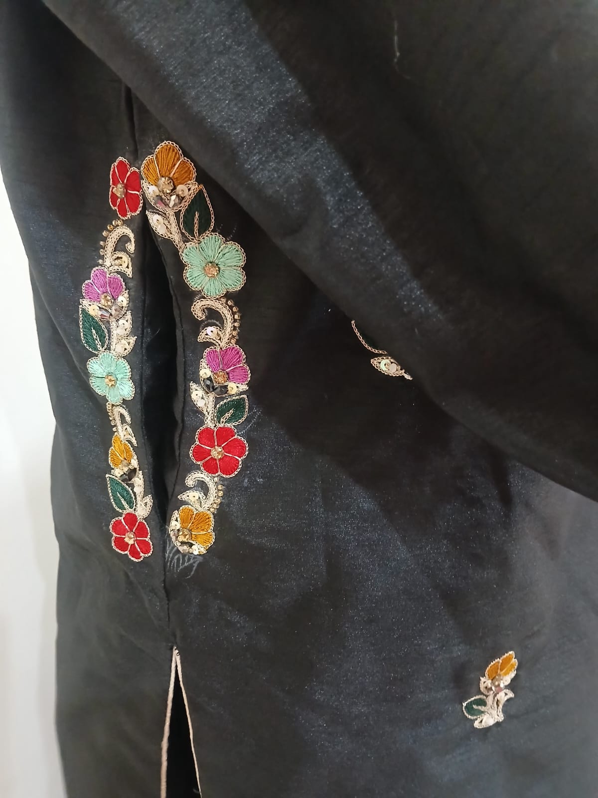 Premium Black Rao Silk Stitched 3-Piece with Handmade Resham & Crystal Work