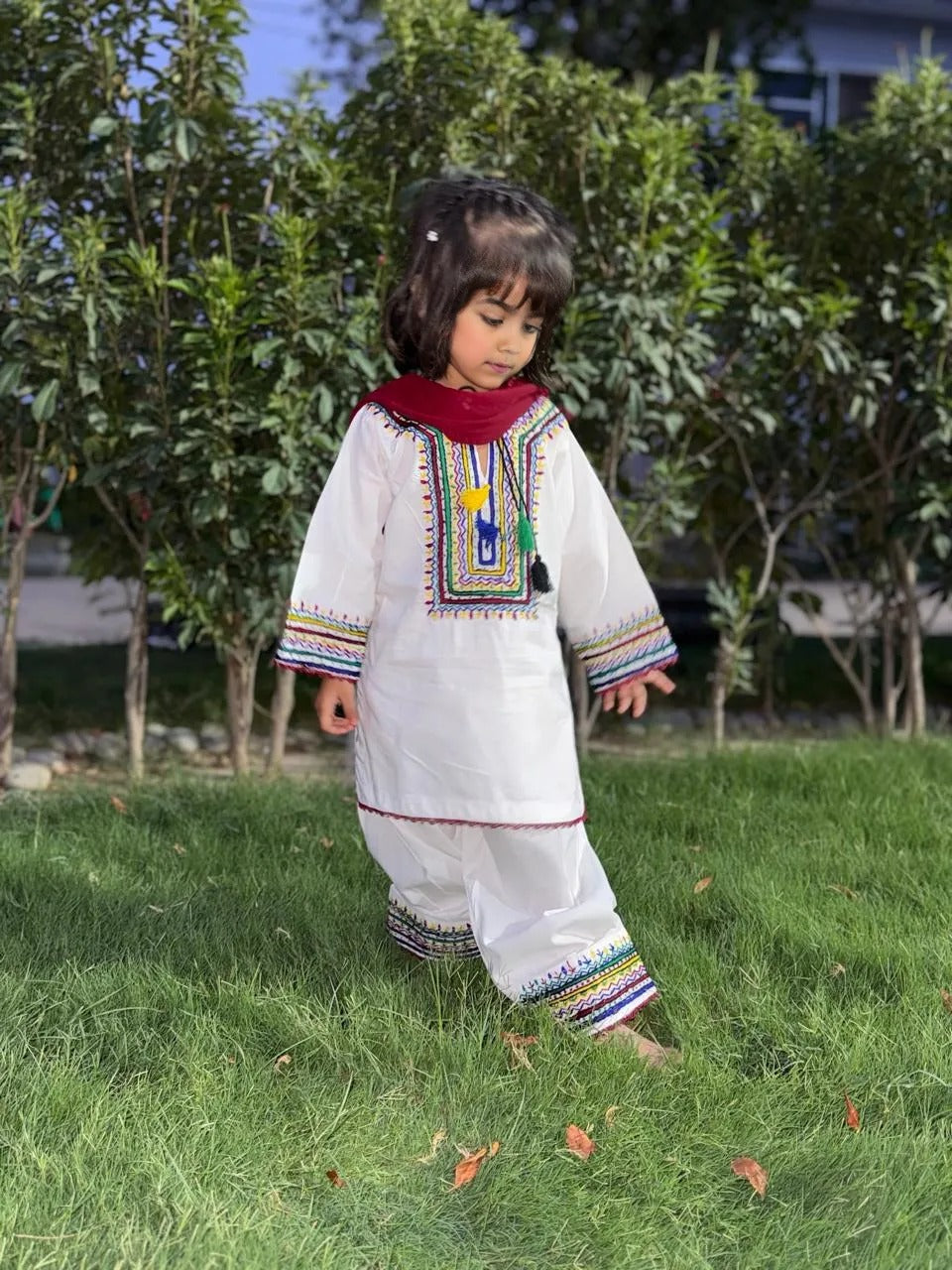 White Lawn Cotton Shalwar Kameez with Colorful Handmade Embroidery