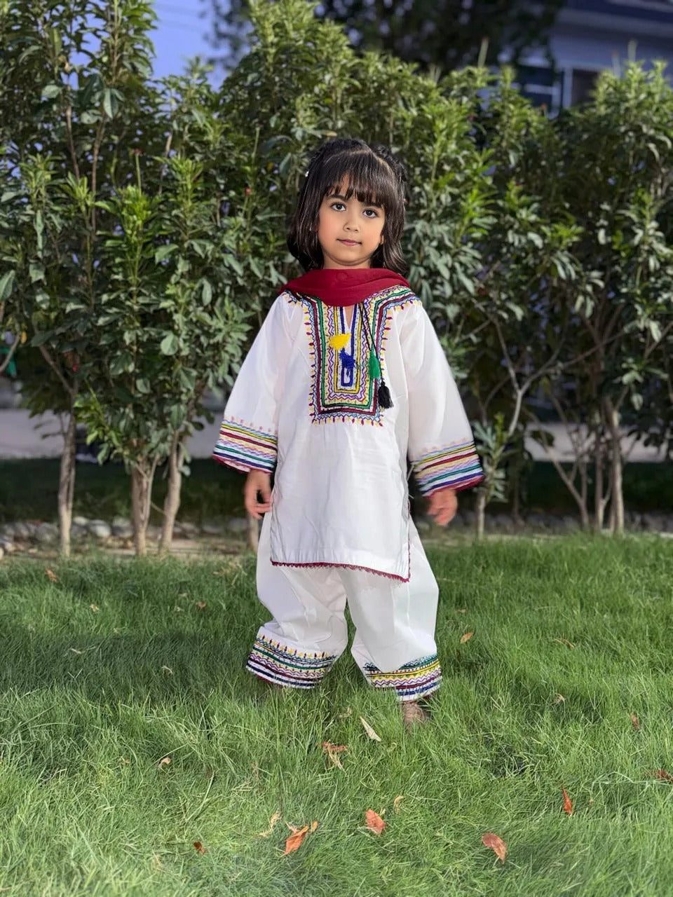 White Lawn Cotton Shalwar Kameez with Colorful Handmade Embroidery