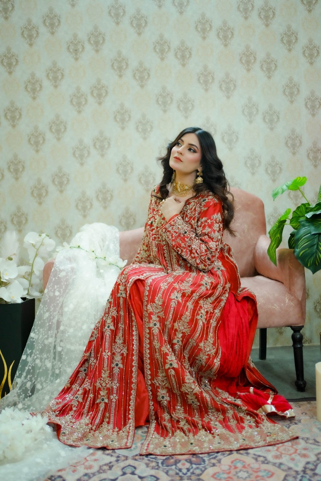 Hand-Embellished Shesha Silk Shirt with Crushed Sharara – Zardozi, Resham & Crystal Detailing