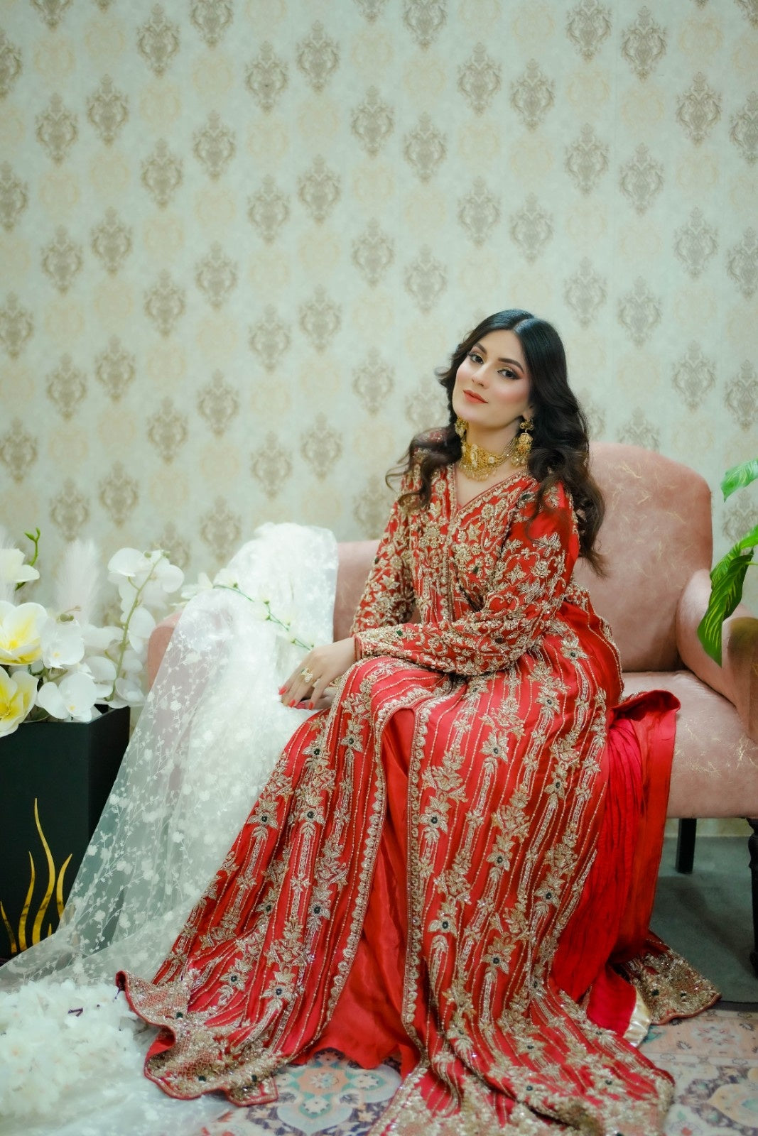 Hand-Embellished Shesha Silk Shirt with Crushed Sharara – Zardozi, Resham & Crystal Detailing