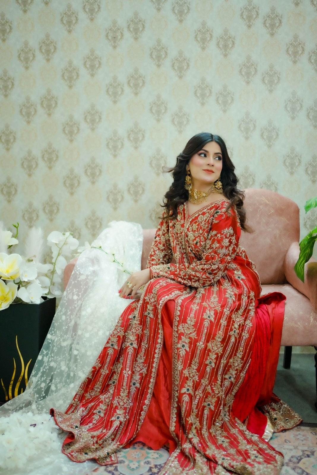 Hand-Embellished Shesha Silk Shirt with Crushed Sharara – Zardozi, Resham & Crystal Detailing
