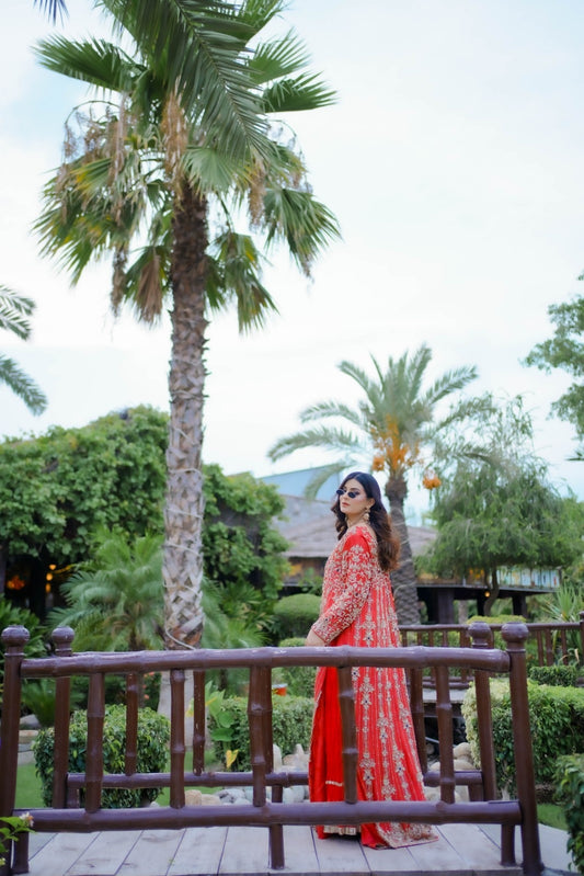 Hand-Embellished Shesha Silk Shirt with Crushed Sharara – Zardozi, Resham & Crystal Detailing
