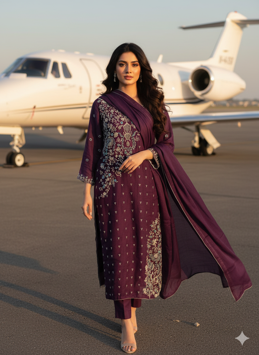 Premium Stitched Purple Embroidered 3-Piece Dress – Wedding Wear