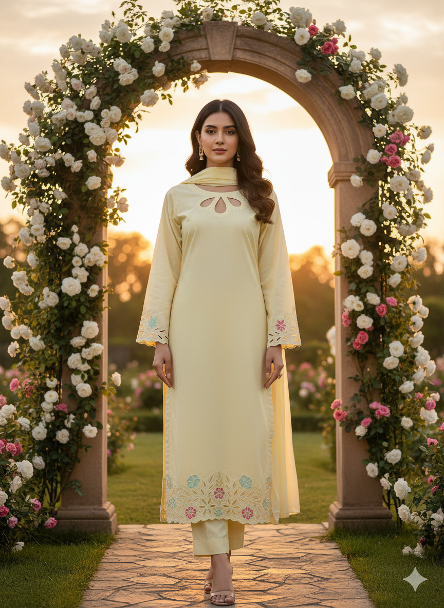 3-Piece Machine Embroidered Lawn Cotton Suit with Cutwork & Appliqué – Premium Quality