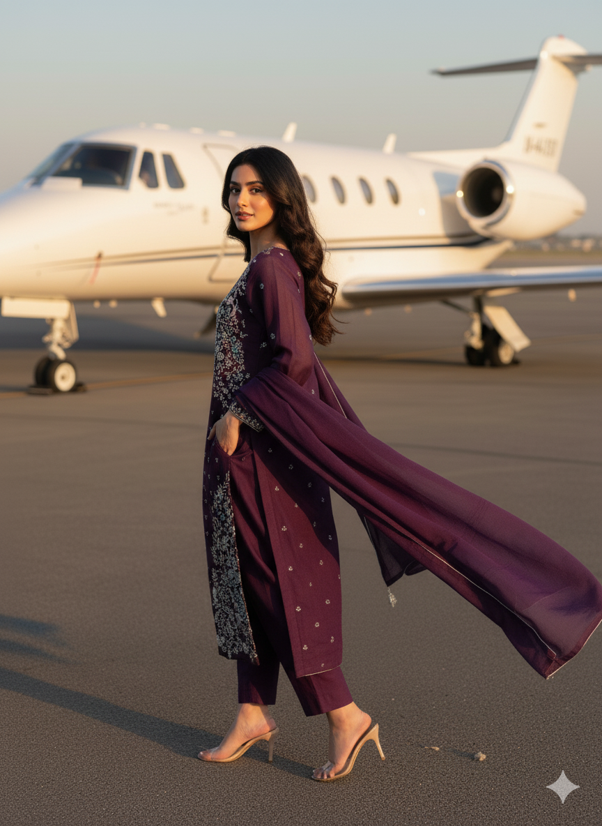 Premium Stitched Purple Embroidered 3-Piece Dress – Wedding Wear