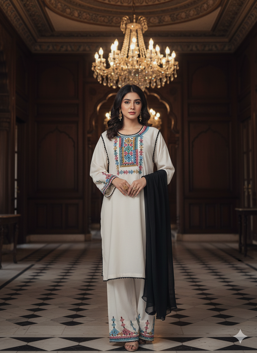 Handmade Embroidered Lawn Cotton Suit with Shesha Work – Fershi Shalwar & Dupatta | Premium Quality