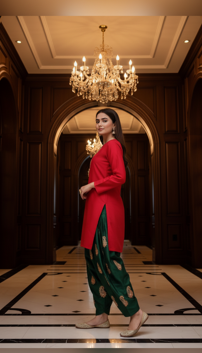 3-Piece Mehroon & Green Block Print Dress with Sitara Work