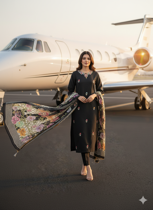 Premium Black Rao Silk Stitched 3-Piece with Handmade Resham & Crystal Work