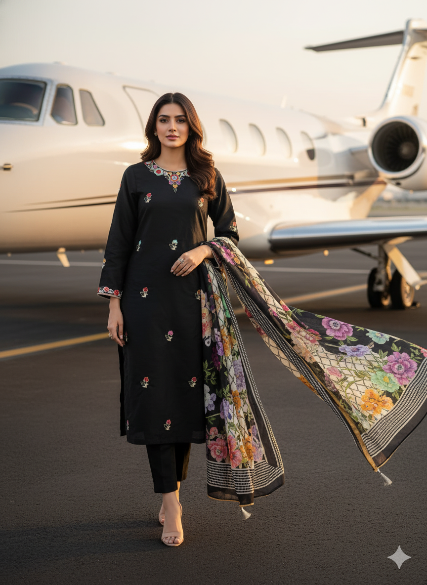 Premium Black Rao Silk Stitched 3-Piece with Handmade Resham & Crystal Work