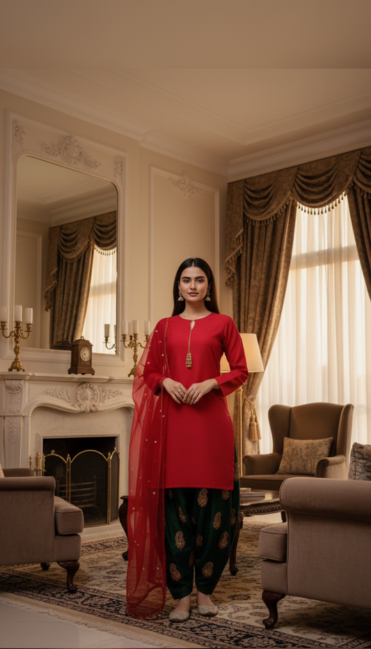 3-Piece Mehroon & Green Block Print Dress with Sitara Work