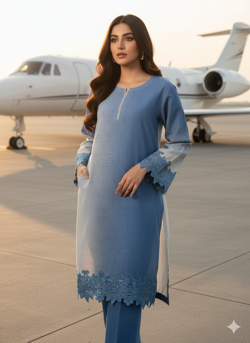 Premium Stitched Khaddar 2-Piece in Blue with Embroidered Sleeves & Bottom