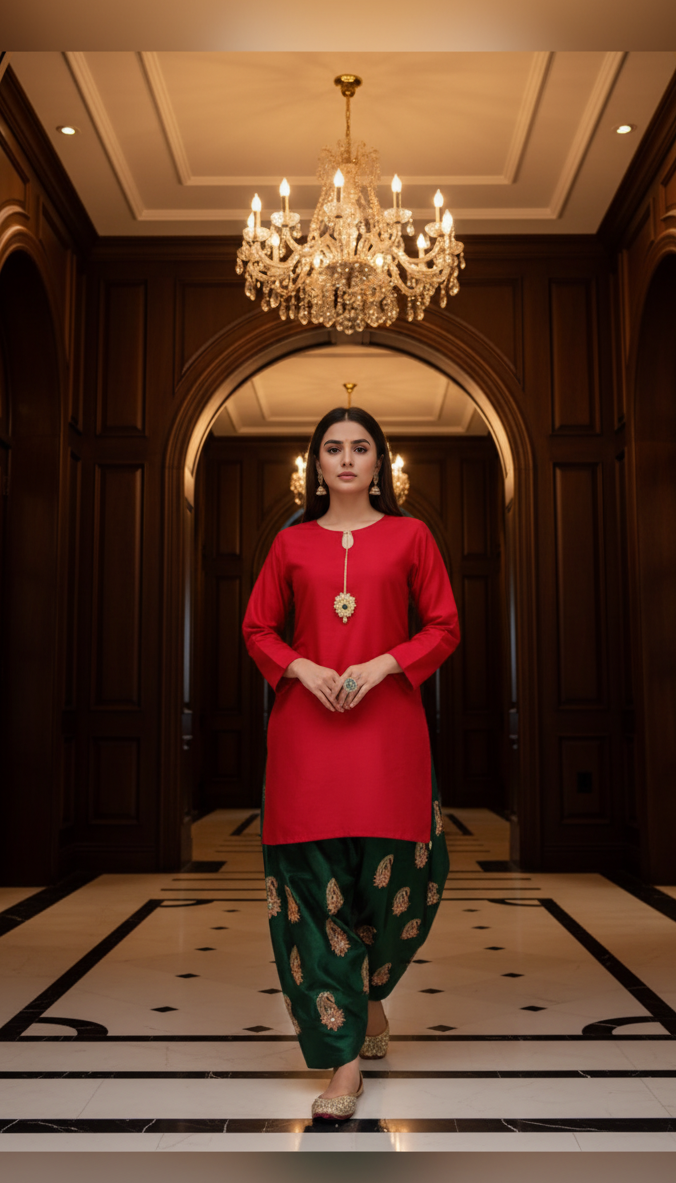 3-Piece Mehroon & Green Block Print Dress with Sitara Work