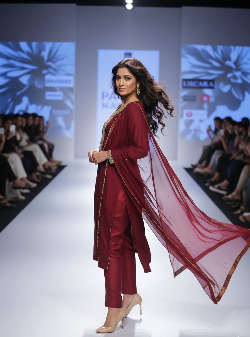 3-Piece Stitched Mehroon Dress with Zardozi & Pearl Detailing