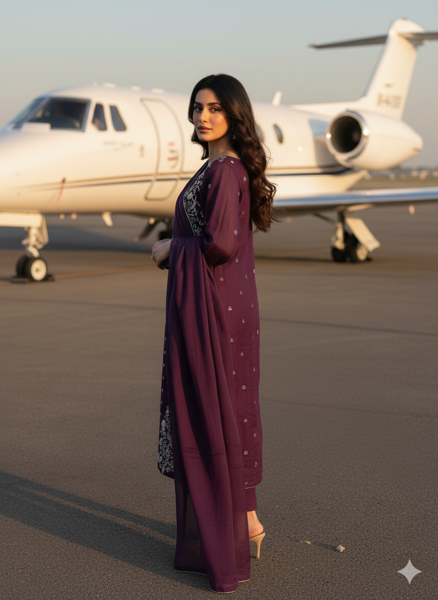 Premium Stitched Purple Embroidered 3-Piece Dress – Wedding Wear