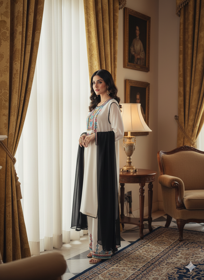 Handmade Embroidered Lawn Cotton Suit with Shesha Work – Fershi Shalwar & Dupatta | Premium Quality