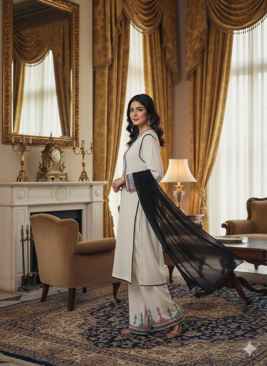 Handmade Embroidered Lawn Cotton Suit with Shesha Work – Fershi Shalwar & Dupatta | Premium Quality