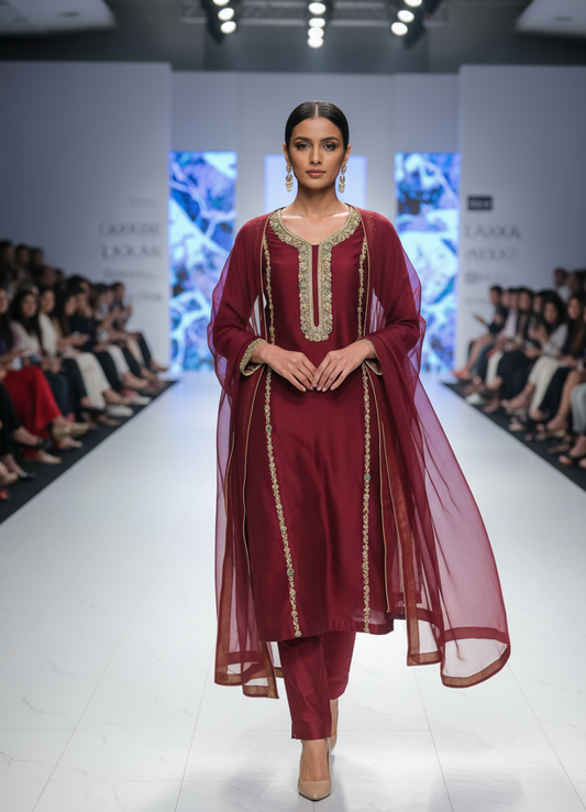 3-Piece Stitched Mehroon Dress with Zardozi & Pearl Detailing