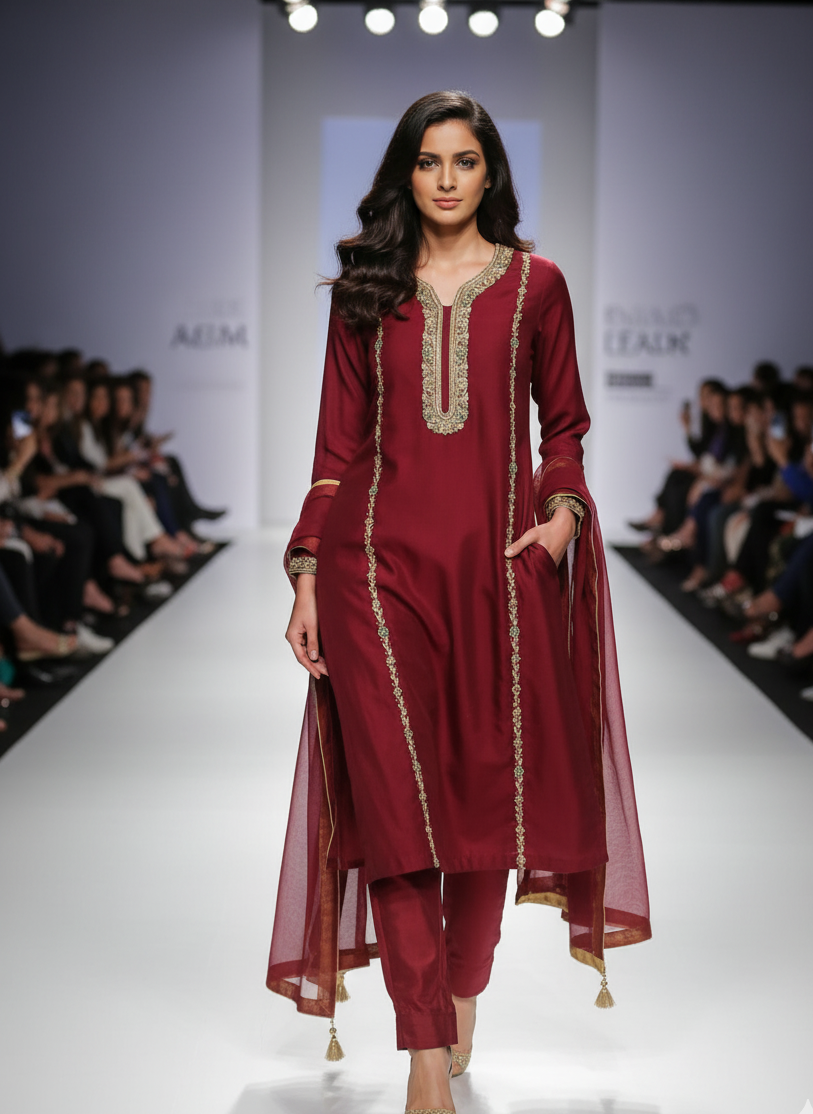 3-Piece Stitched Mehroon Dress with Zardozi & Pearl Detailing