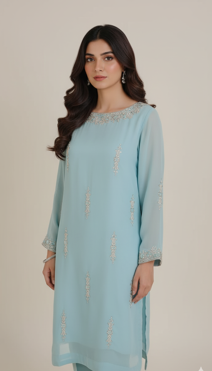 2-Piece Aqua Blue Rameen Silk Dress with Zardozi & Crystal Work