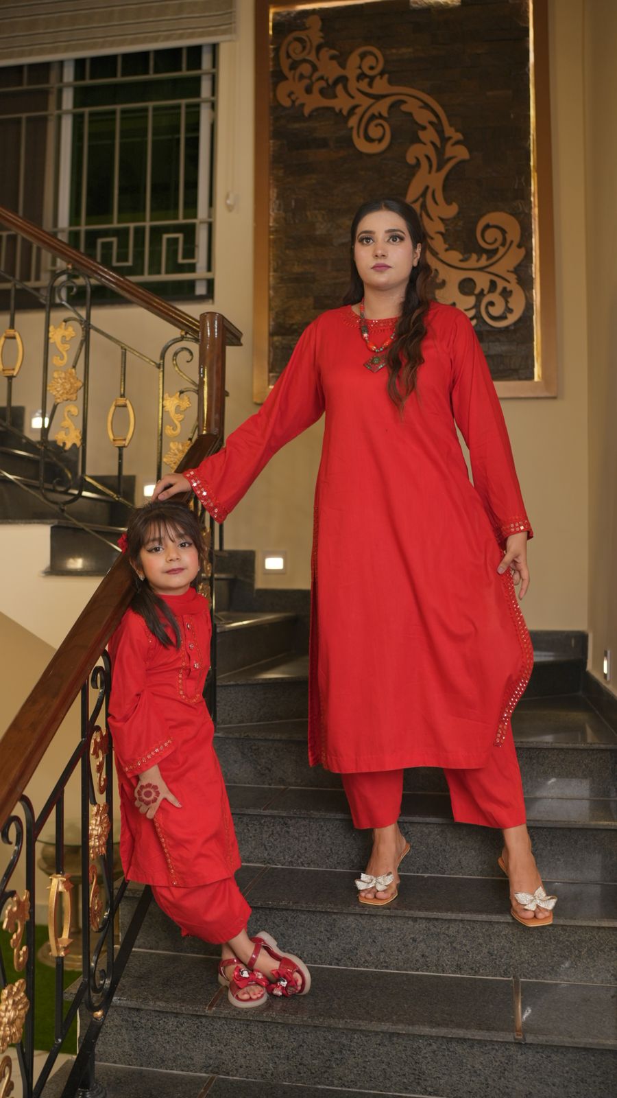 Handcrafted Red Cotton Ensemble with Mirror Work Detailing
