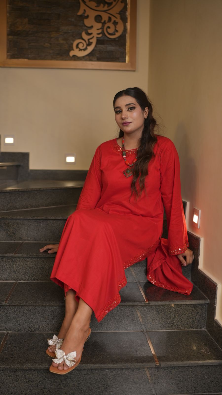 Handcrafted Red Cotton Ensemble with Mirror Work Detailing