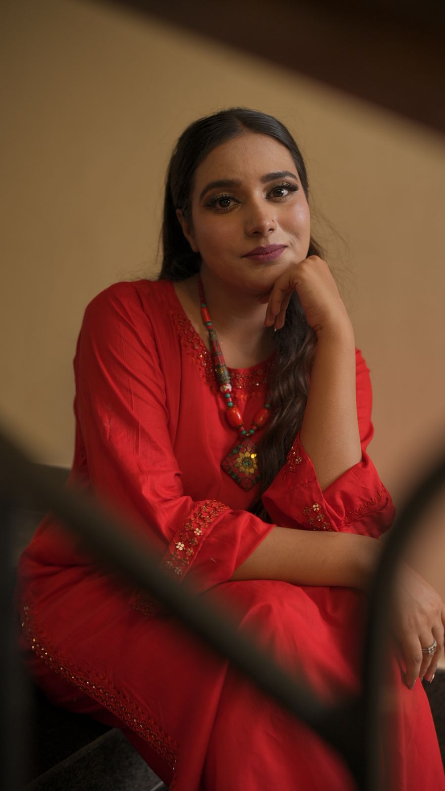 Handcrafted Red Cotton Ensemble with Mirror Work Detailing