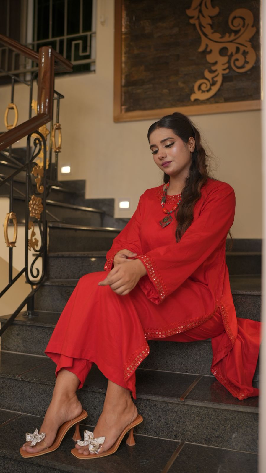 Handcrafted Red Cotton Ensemble with Mirror Work Detailing