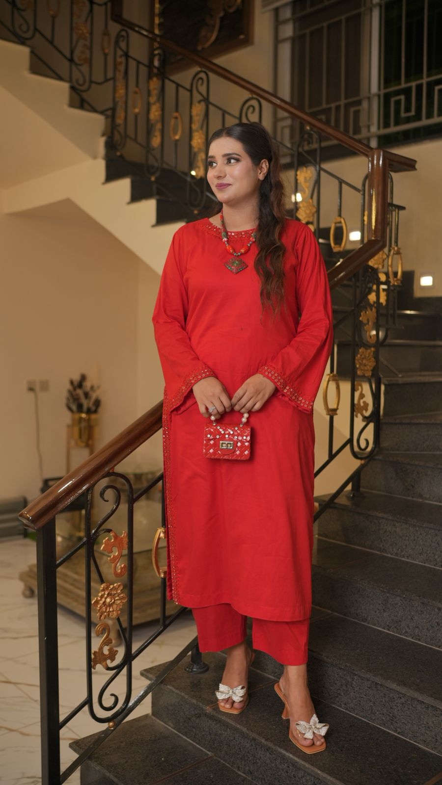 Handcrafted Red Cotton Ensemble with Mirror Work Detailing