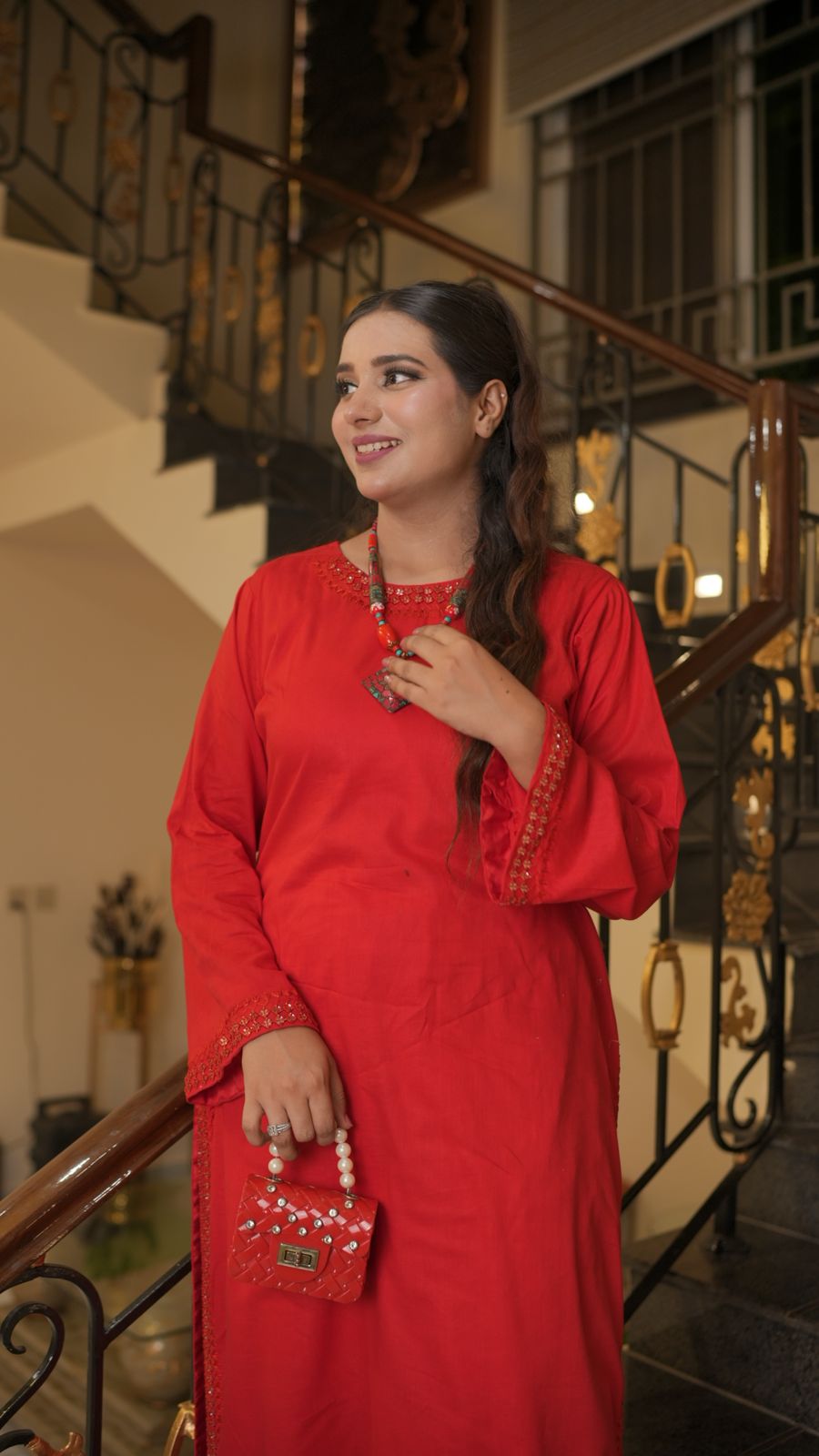 Handcrafted Red Cotton Ensemble with Mirror Work Detailing