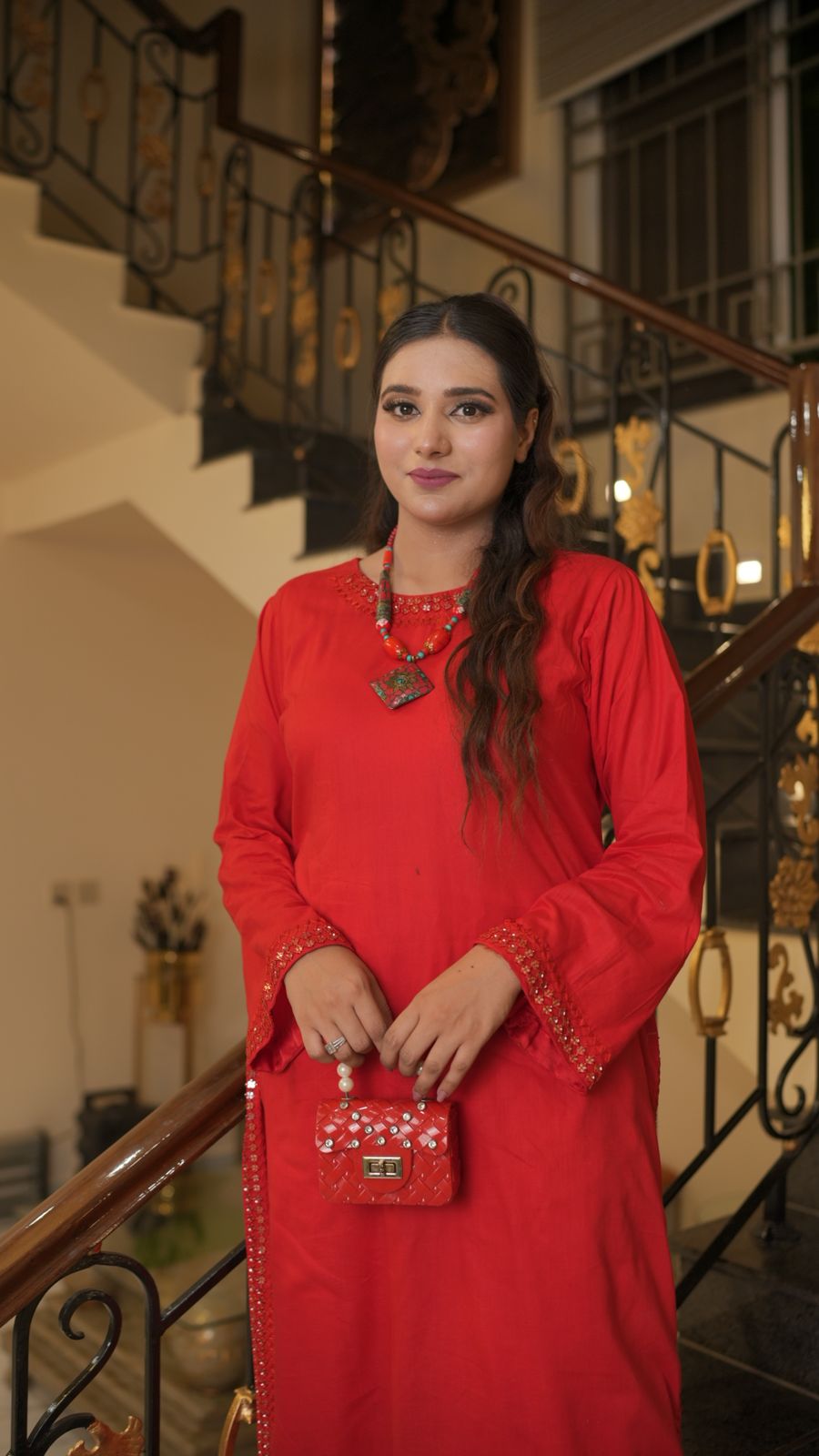 Handcrafted Red Cotton Ensemble with Mirror Work Detailing