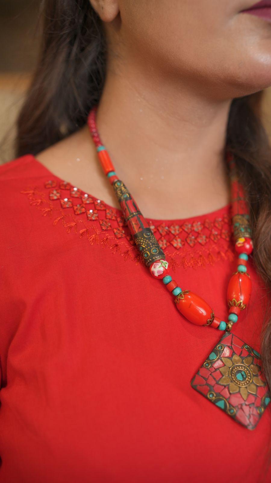 Handcrafted Red Cotton Ensemble with Mirror Work Detailing