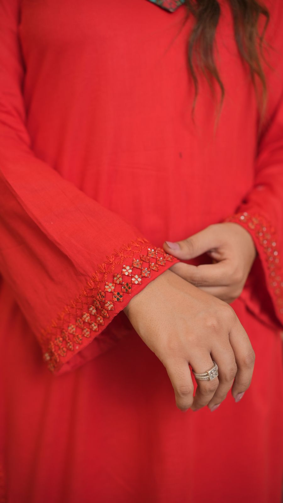 Handcrafted Red Cotton Ensemble with Mirror Work Detailing