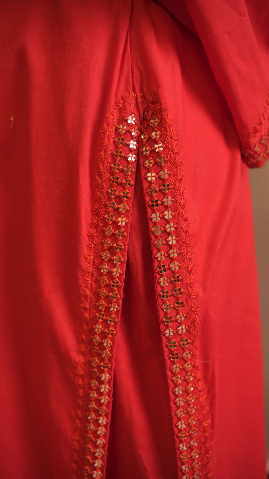 Handcrafted Red Cotton Ensemble with Mirror Work Detailing