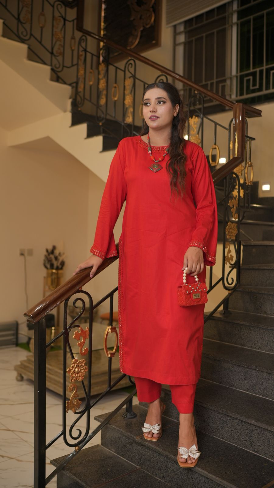 Handcrafted Red Cotton Ensemble with Mirror Work Detailing
