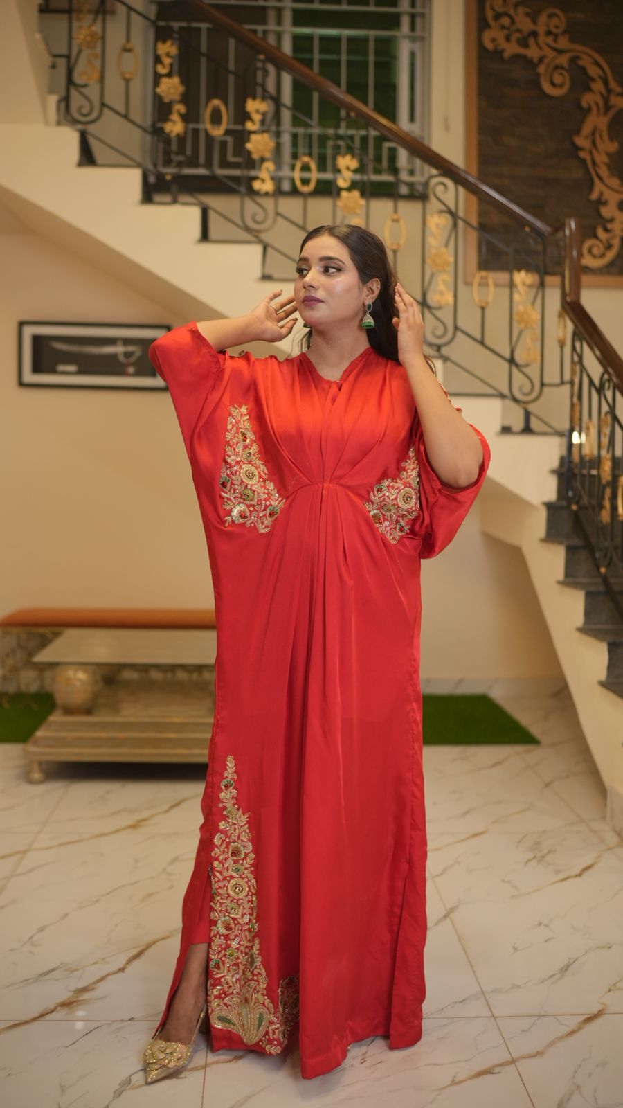 Luxurious Silk Kaftan – Adorned with Resham Embroidery & Zardozi Elegance