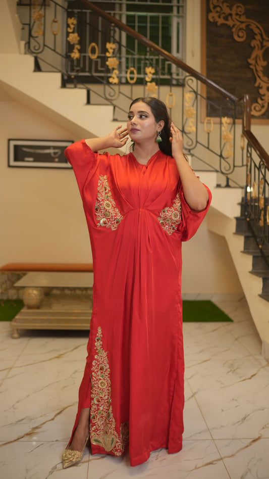 Luxurious Silk Kaftan – Adorned with Resham Embroidery & Zardozi Elegance