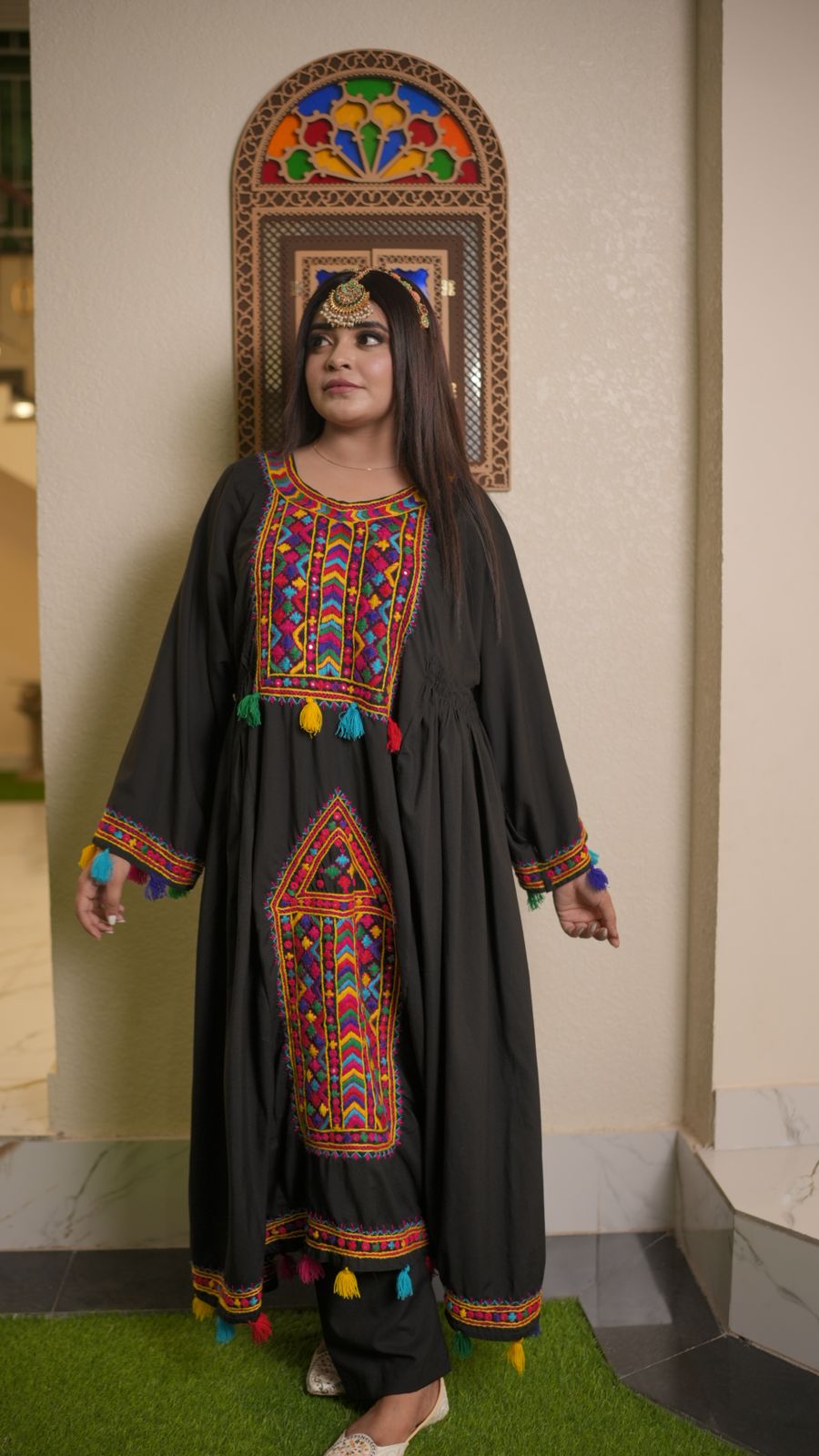 Black Pathani Frock – Hand Embroidered Elegance with Shesha Work