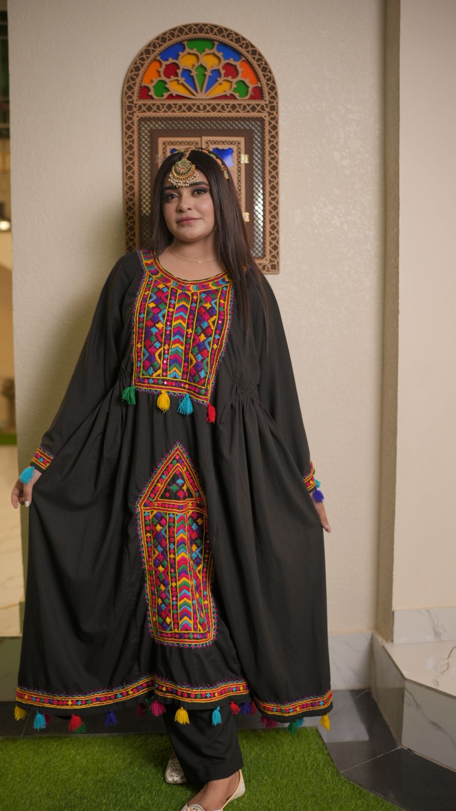 Black Pathani Frock – Hand Embroidered Elegance with Shesha Work