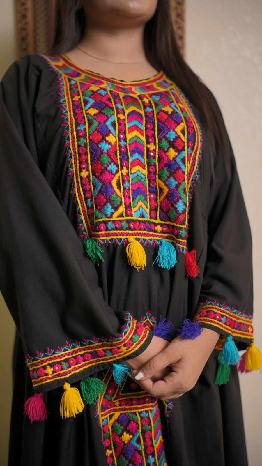 Black Pathani Frock – Hand Embroidered Elegance with Shesha Work