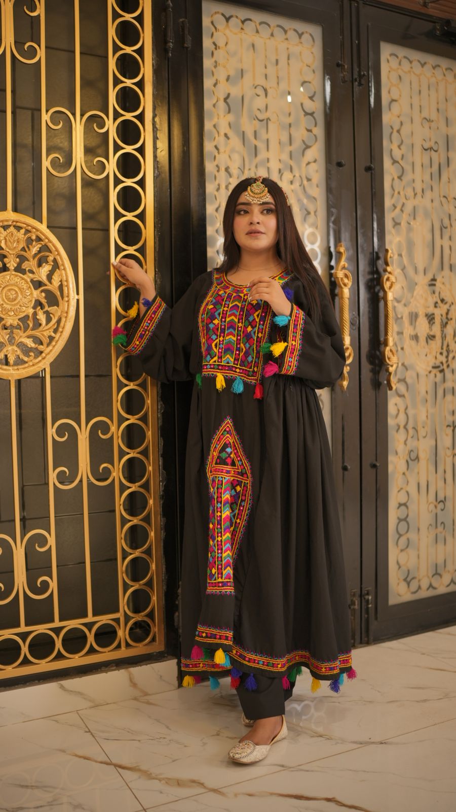 Black Pathani Frock – Hand Embroidered Elegance with Shesha Work