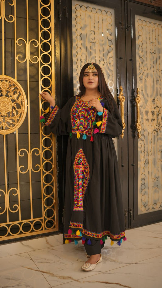 Black Pathani Frock – Hand Embroidered Elegance with Shesha Work