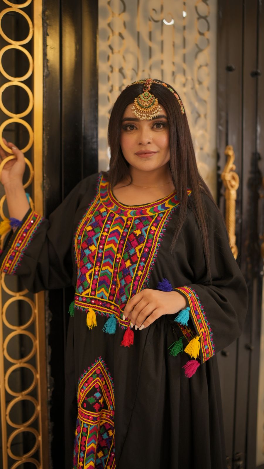 Black Pathani Frock – Hand Embroidered Elegance with Shesha Work